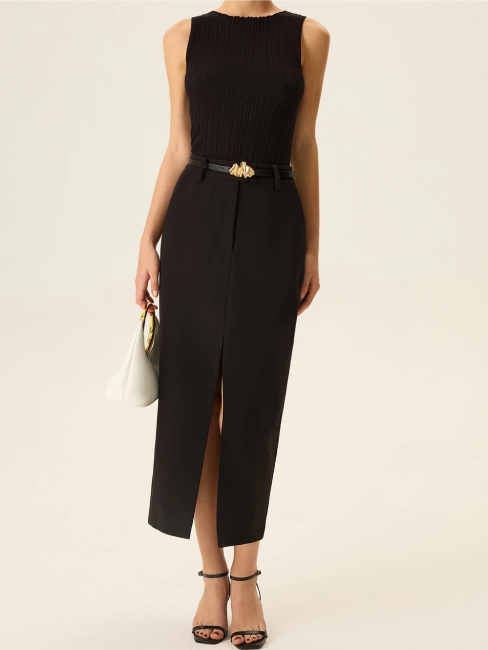 Commense Black Belted Slit Midi Skirt XS | Corpcore Tailored Skirt - Picture 4 of 7